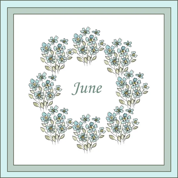 Watercolor Wreath Bouquets Blue Delicate Flowers Inscription June Sheet Decorated — 스톡 사진