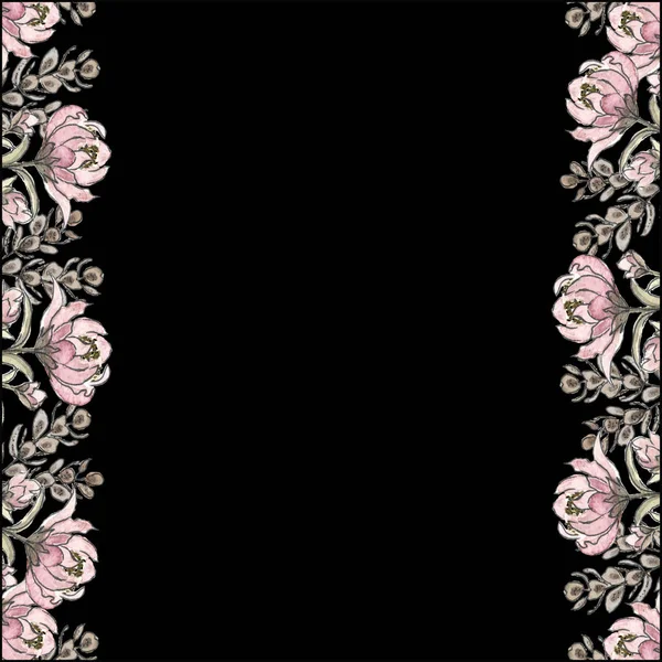 Framing Page Edges Pink Watercolor Flowers Herbs Background Black — 스톡 사진