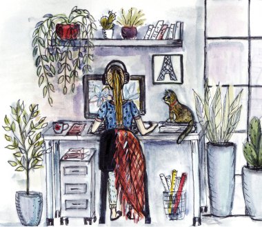 A girl sitting at home at a table in front of the computer with her back to the viewer. Next to the cat and the window. clipart