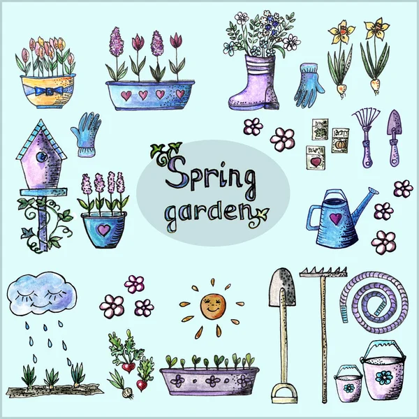 Zestaw Rysunków Akwarelowych Temat Ogrodnictwa Napisem Wiosenny Ogród — Zdjęcie stockowe