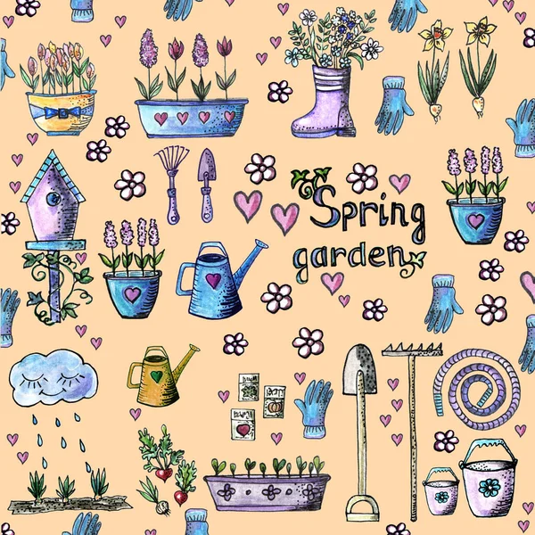 Set Watercolor Drawings Theme Gardening Inscription Spring Garden Yellow Background — Stock Photo, Image