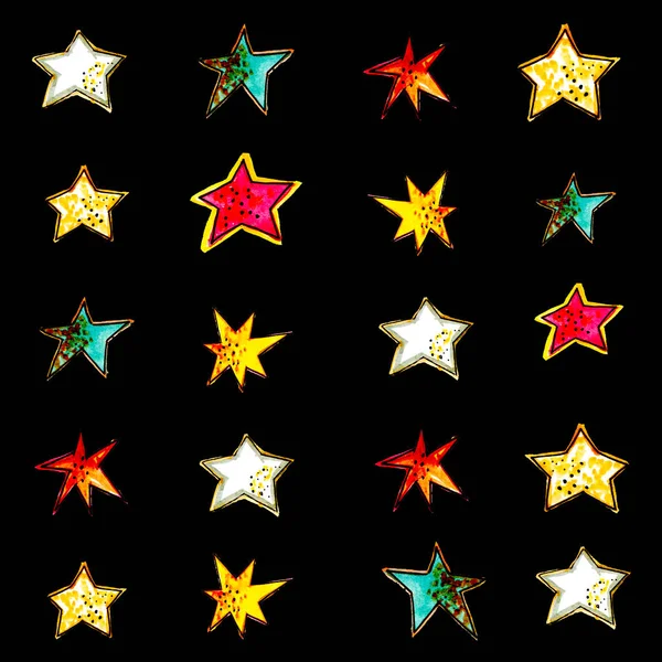 Sokszínű Akvarell Csillagok Rendezett Sorokban Egy Fekete Háttér — Stock Fotó