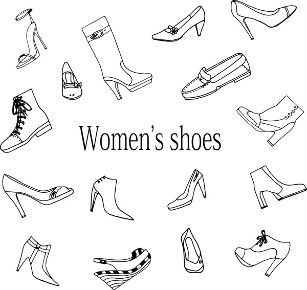Conjunto Bocetos Zapatos Mujer Con Inscripción Zapatos Mujer Fondo Blanco — Vector de stock
