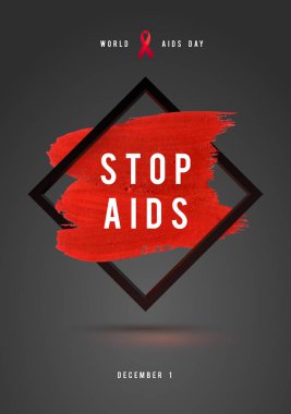 Dünya AIDS günü kavramı ile metin ve kırmızı kurdele AIDS bilinçlendirme. 1 Aralık. Kırmızı fırça konturu Poster gri arka plan