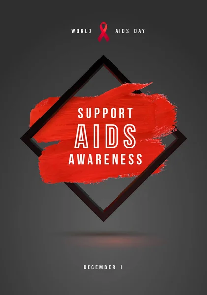 세계 에이즈 날 개념 텍스트와 에이즈 인식의 빨간 리본. 1 12 월입니다. 레드 브러시 스트로크 포스터 회색 배경 — 스톡 벡터
