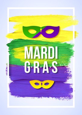 Mardi Gras fırça konturu Postar. Voiolet, sarı ve yeşil renkler. Maskeleri ve çerçeve
