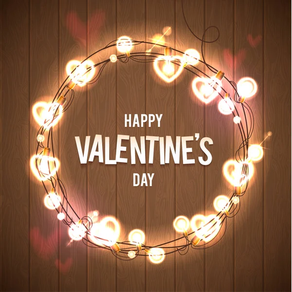 Happy Valentines Day Vector Wood Card. Pink Bokeh Background — Stock Vector