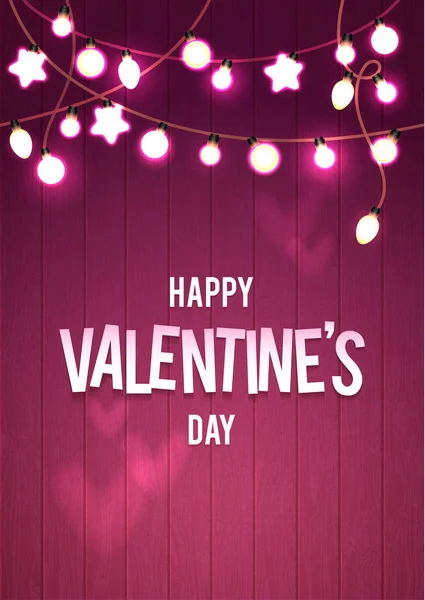 Happy Valentines Day Vector hout Card. roze achtergrond Bokeh. Gloeiend licht slingers voor Love vakantie groeten Card Design. Houten Hand getrokken achtergrond — Stockvector