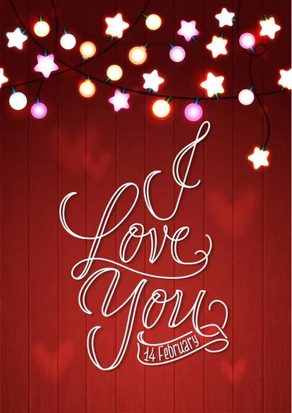 Happy Valentines Day Vector hout Card. Red Bokeh achtergrond. Gloeiend licht slingers voor Love vakantie groeten Card Design. Houten Hand getrokken achtergrond — Stockvector