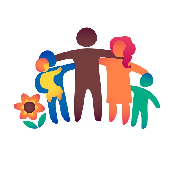 Ícone da família feliz multicolorido em figuras simples. Três filhos, pai e mãe estão juntos. pode ser usado como logotipo — Fotografia de Stock