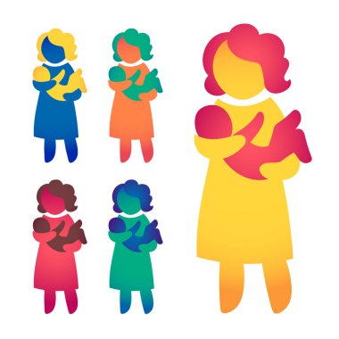 Mutlu yalnız anne ve bebek. Simge basit resimler çok renkli. Tek ebeveynlik sembolü. Vektör logo kullanılabilir