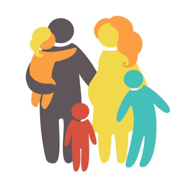 Mutlu aile simgesi basit resimler çok renkli. Üç çocuk, babam ve annem birlikte bekletin. Vektör logo kullanılabilir
