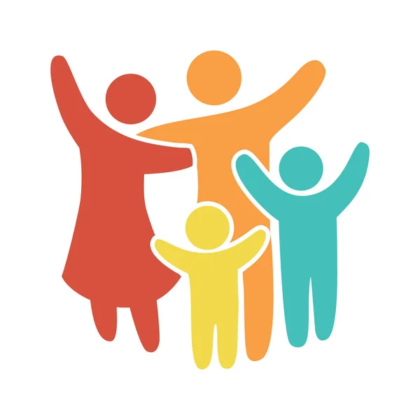 Счастливая семейная икона, разноцветная простыми фигурами. Двое детей, папа и мама стоят вместе. Вектор может быть использован как логотип — стоковый вектор