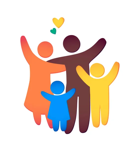 Счастливая семейная икона, разноцветная простыми фигурами. Двое детей, папа и мама стоят вместе. Вектор может быть использован как логотип . — стоковый вектор