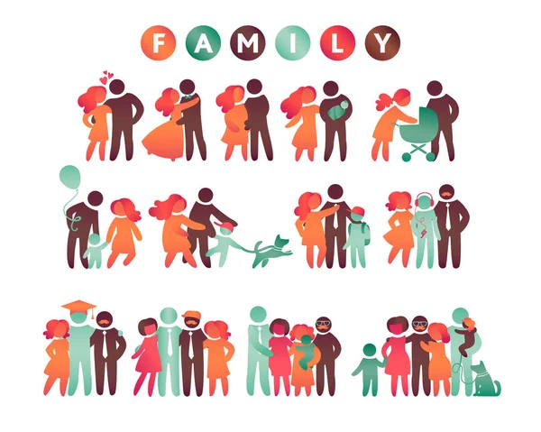 Happy icône de la famille multicolore ensemble en chiffres simples. Les enfants, papa et maman se tiennent ensemble. Le vecteur peut être utilisé comme logotype — Image vectorielle