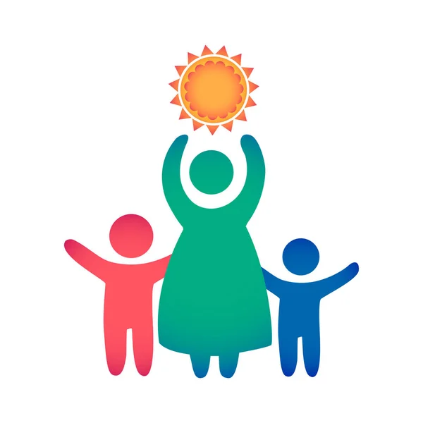 Icona di famiglia felice multicolore in figure semplici. Due figli e mamma stanno insieme. Il vettore può essere usato come logotipo — Vettoriale Stock