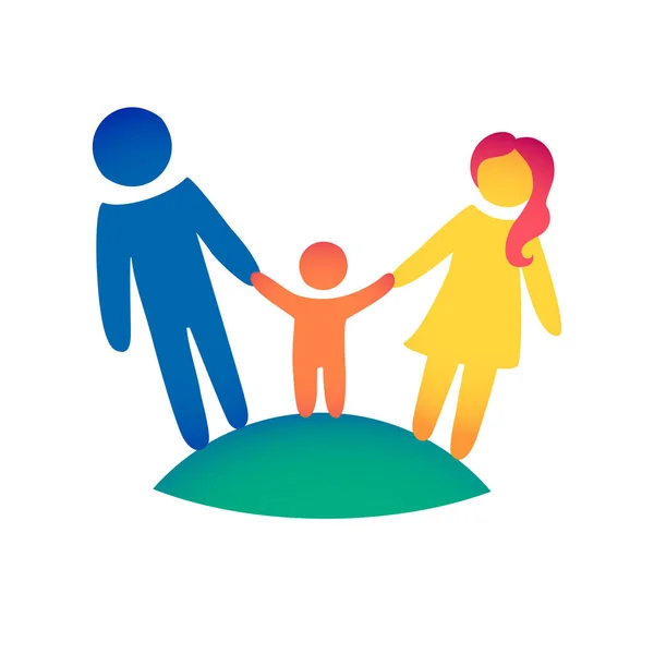 Ícone da família feliz multicolorido em figuras simples. Bebé, pai e mãe ficam juntos. O vetor pode ser usado como logotipo —  Vetores de Stock