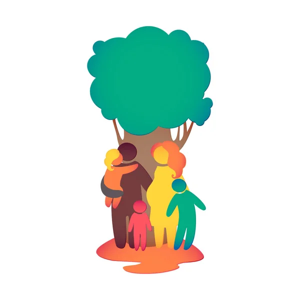 Icono de familia feliz multicolor en figuras simples. Tres hijos, papá y mamá están juntos. Vector se puede utilizar como logotipo . — Vector de stock