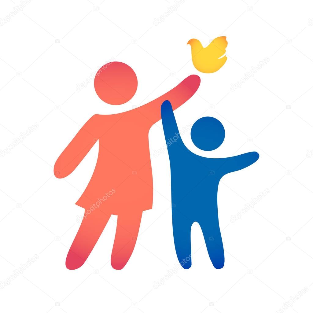 Happy family icon multicolored in simple figures. Mom and son stand together. Vector can be used as logotype.