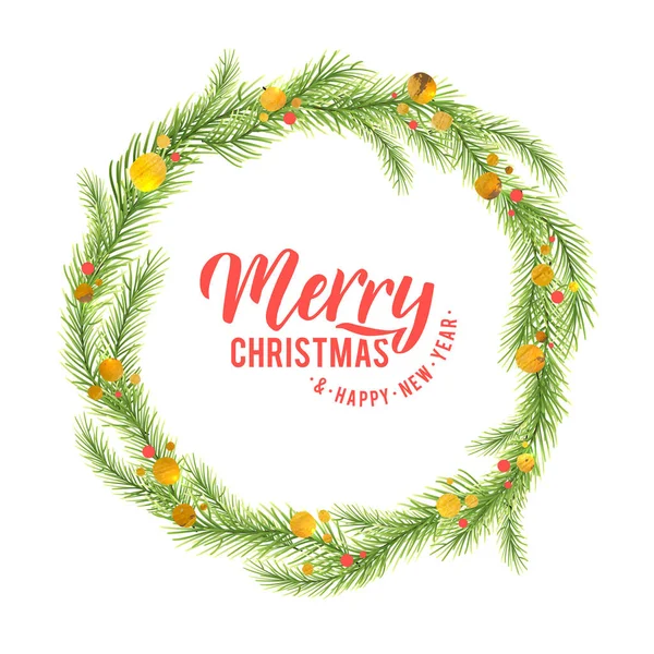 Merry Christmas and Happy New Year. Holiday background. Christmas wreath made of pine wood, decorated with a gold and red dots. Vector Illustration — ストックベクタ