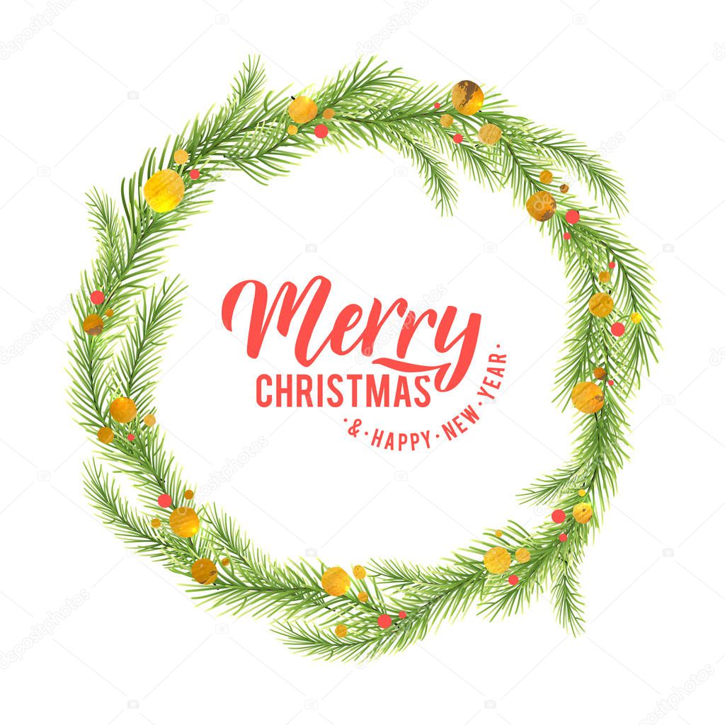 Merry Christmas and Happy New Year. Holiday background. Christmas wreath made of pine wood, decorated with a gold and red dots. Vector Illustration