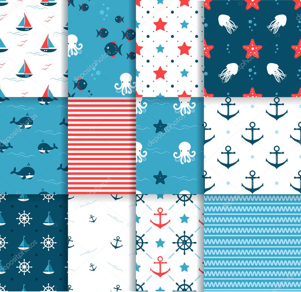 Seamless Pattern Set . Octopus, Fich and Starfishes. Marine background. Perfect for greetings, invitations, wrapping paper, textile, wedding and web design.