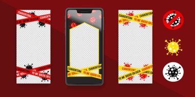 Coronavirus Hikayeler ve Yayınlar için İspanyol Şablonu. Corona virüsü 2019-nCoV vektör çizimi. Sosyal medya hikaye çerçevesi ayarlandı. Tercümesi: karantina. Evde kal..
