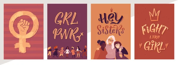 Feminism Vector Poster Set Girl Power Sisterhood Hand Lettering Quotes — Stock Vector