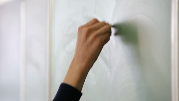 Student standing at the blackboard writing with chalk — Stock Video