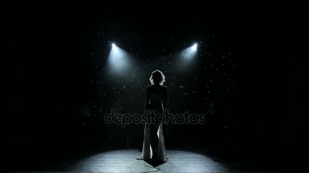 女歌手背光在烟雾弥漫的舞台上 — 图库视频影像
