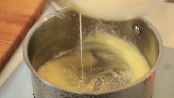 Mengen van saus ingrediënten in een pan — Stockvideo