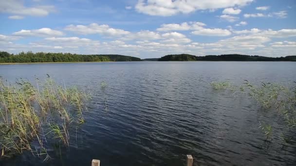 Paisaje rural con una superficie lisa del lago bajo el cielo azul con nubes — Vídeos de Stock