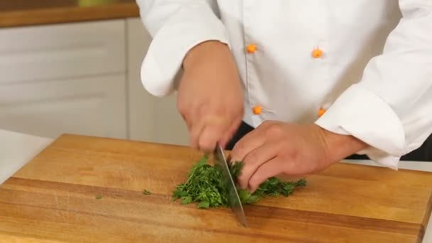 Couper le persil et l'aneth avec un couteau sur une planche de bois — Video