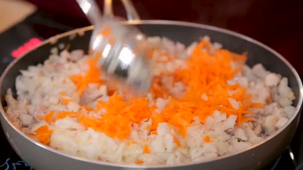Carne picada con cebollas y zanahorias guisadas en una sartén — Vídeo de stock