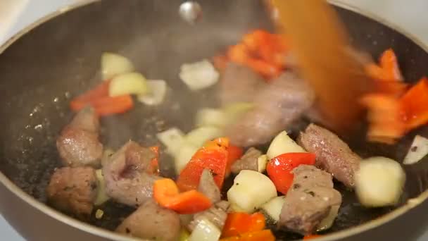 Тушеная говядина из гуляша с овощами в кастрюле — стоковое видео