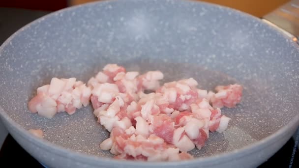 Fryiung tocat carne de porc gras într-o tigaie — Videoclip de stoc
