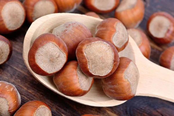 Cucchiaio di legno con nocciole — Foto Stock