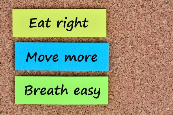 Texto Comer a la derecha Mover más Respiración fácil en notas — Foto de Stock