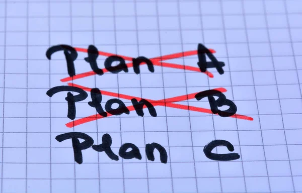 划掉计划 A 和计划 B，写在笔记本上的 C 计划 — 图库照片