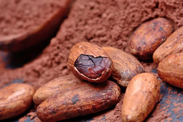 Drcené kakaové boby v lžíci s fazolemi na stole — Stock fotografie