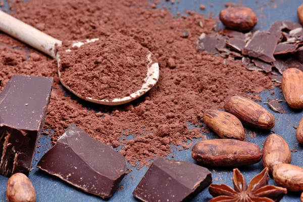 Kakaopulver med bönor och choklad på skiffer — Stockfoto