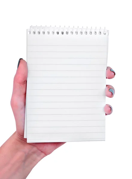 Hand hält leeres Notizbuch auf weißem Hintergrund — Stockfoto