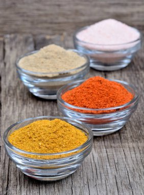 Ahşap masa üzerinde şeffaf bir kase içinde baharatlar