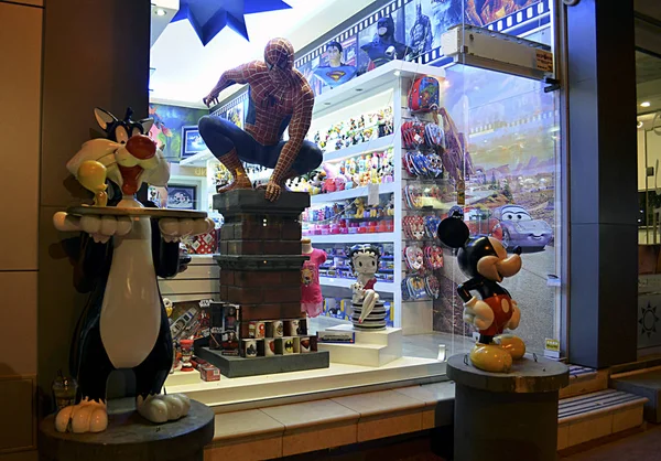 AYIA NAPA, CYPRUS - April 26, 2016. Storefront with children's toys: Spiderman, Mickey Mouse and others.