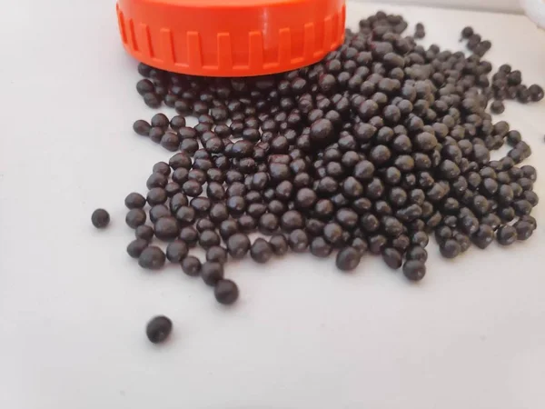 Ayurvédikus Fekete Tabletták Kiömlött Tabletta Üveg Fehér Háttér — Stock Fotó