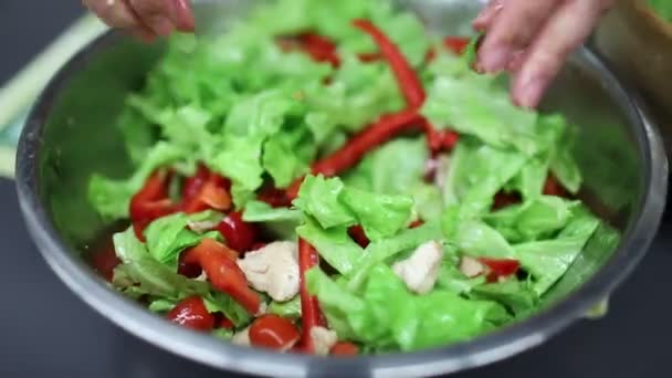 Gemischtes Salatgemüse Paprika Kirschtomaten Und Hühnchen — Stockvideo
