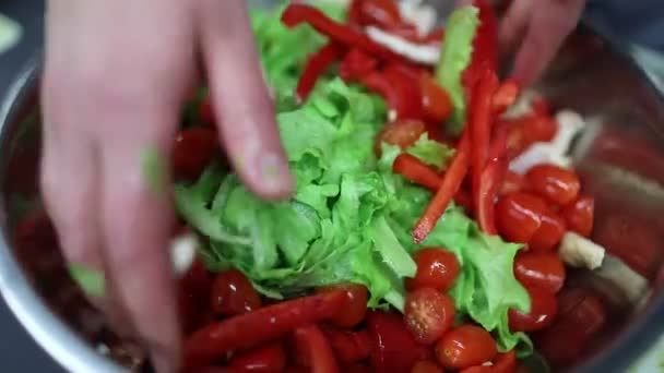 Gemengde Salade Greens Paprika Cherrytomaatjes — Stockvideo