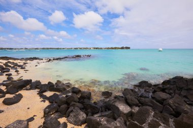 Kayalıklı ve yosunlu tropik plaj