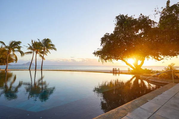 Luxury pool at sunset, tropical vacation.