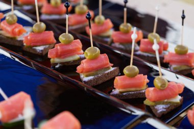 Şişte somon olan lezzetli atıştırmalıklar.